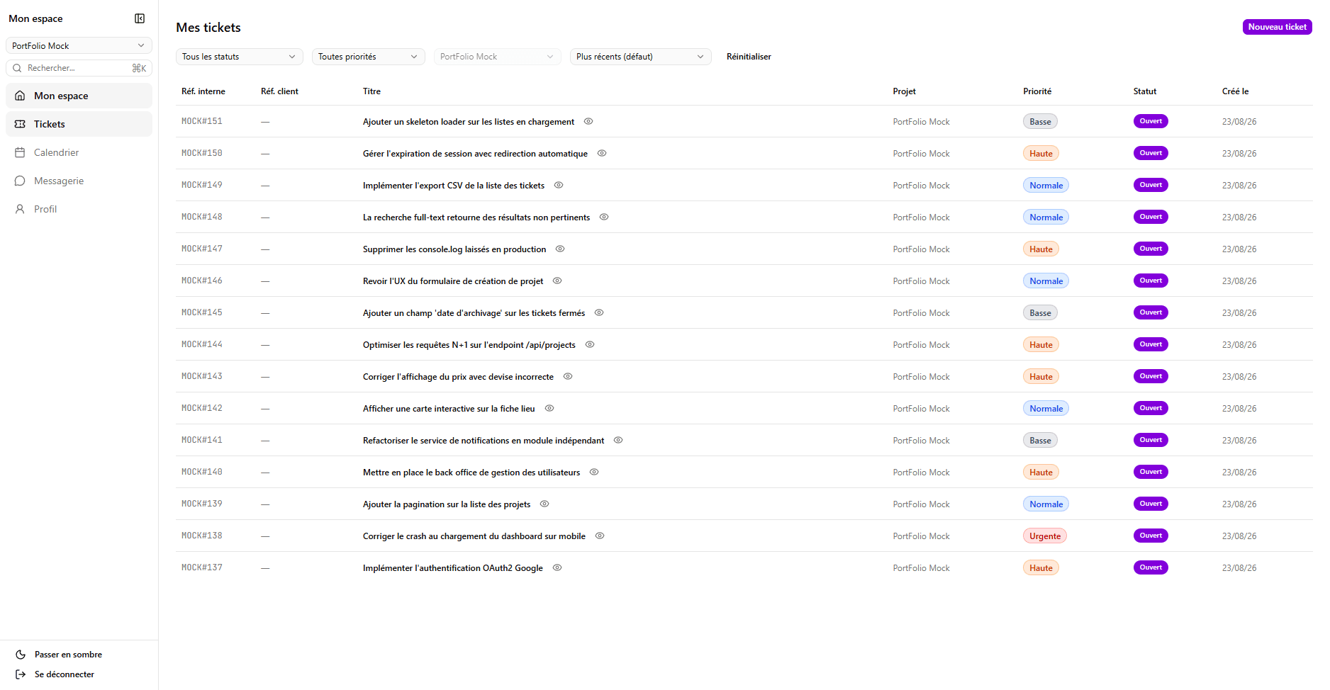 Liste des tickets — gestion et filtrage des tickets