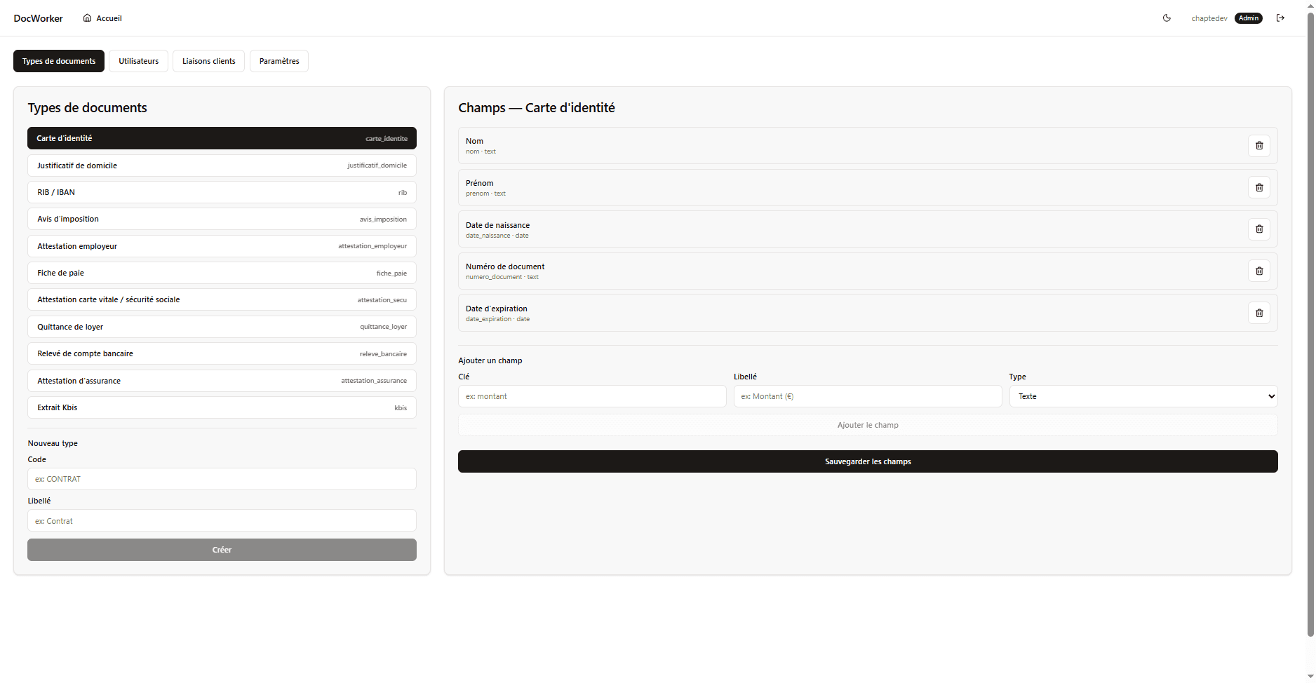Administration — gestion des types de documents et champs
