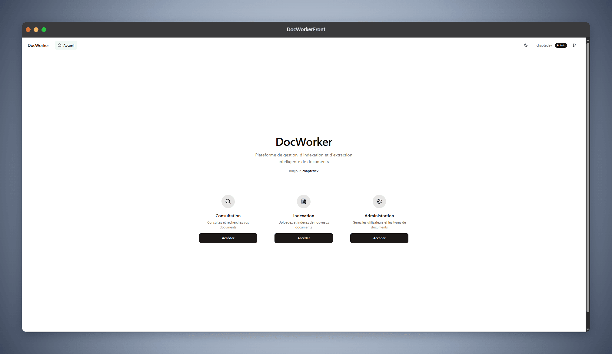 Page d'accueil DocWorker — accès aux modules