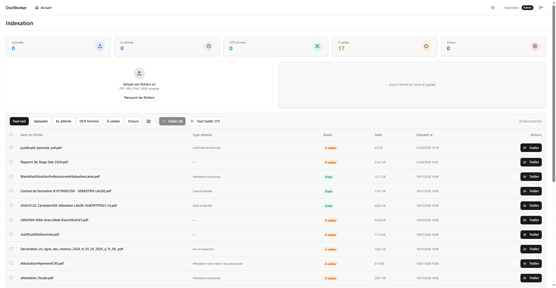 Module indexation — upload et traitement des documents