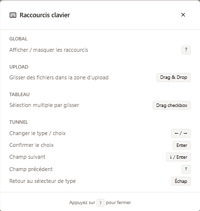 Raccourcis clavier — navigation rapide dans l'application