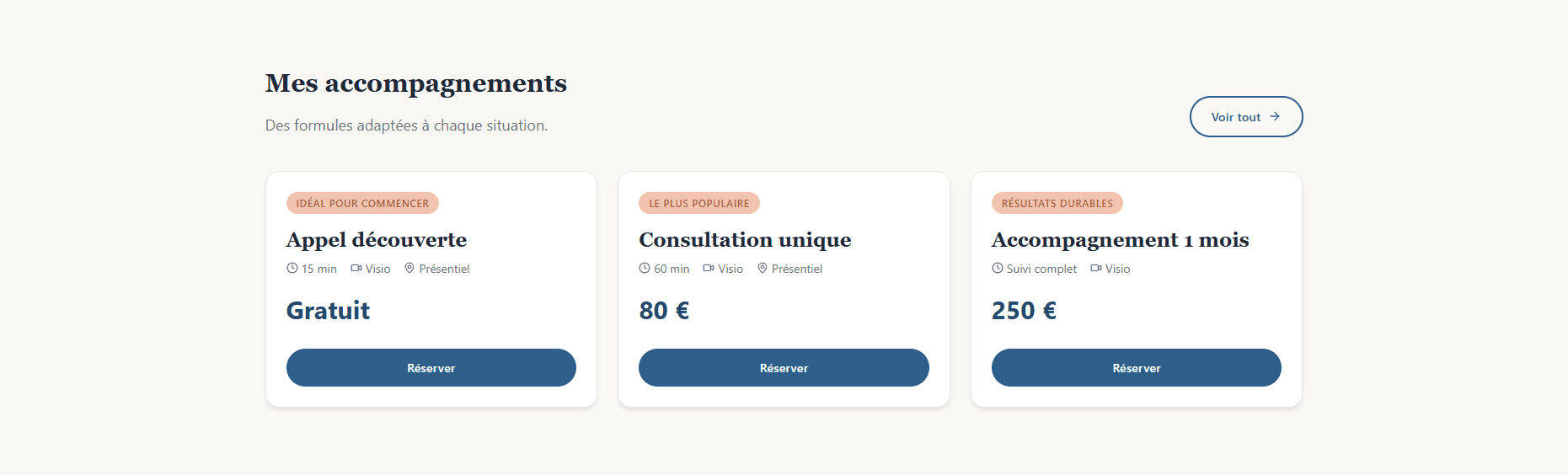 Page accompagnements — formules et tarifs