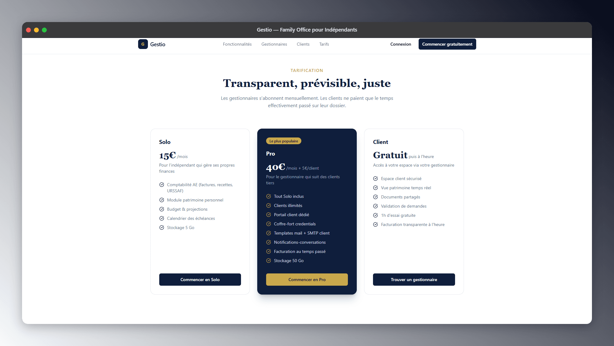 Tarification Gestio — plans Solo, Pro et Client