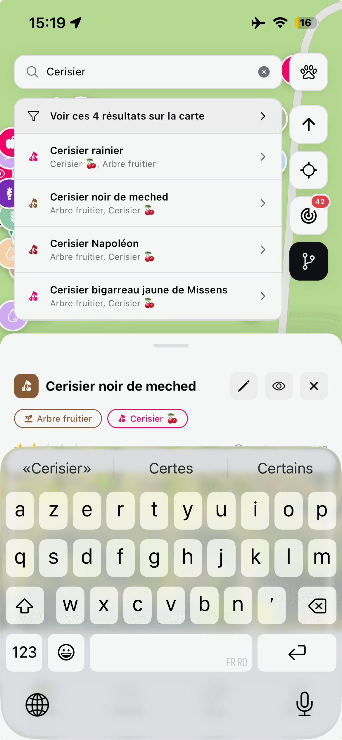 Carte avec fiche objet — détail d'une culture sélectionnée