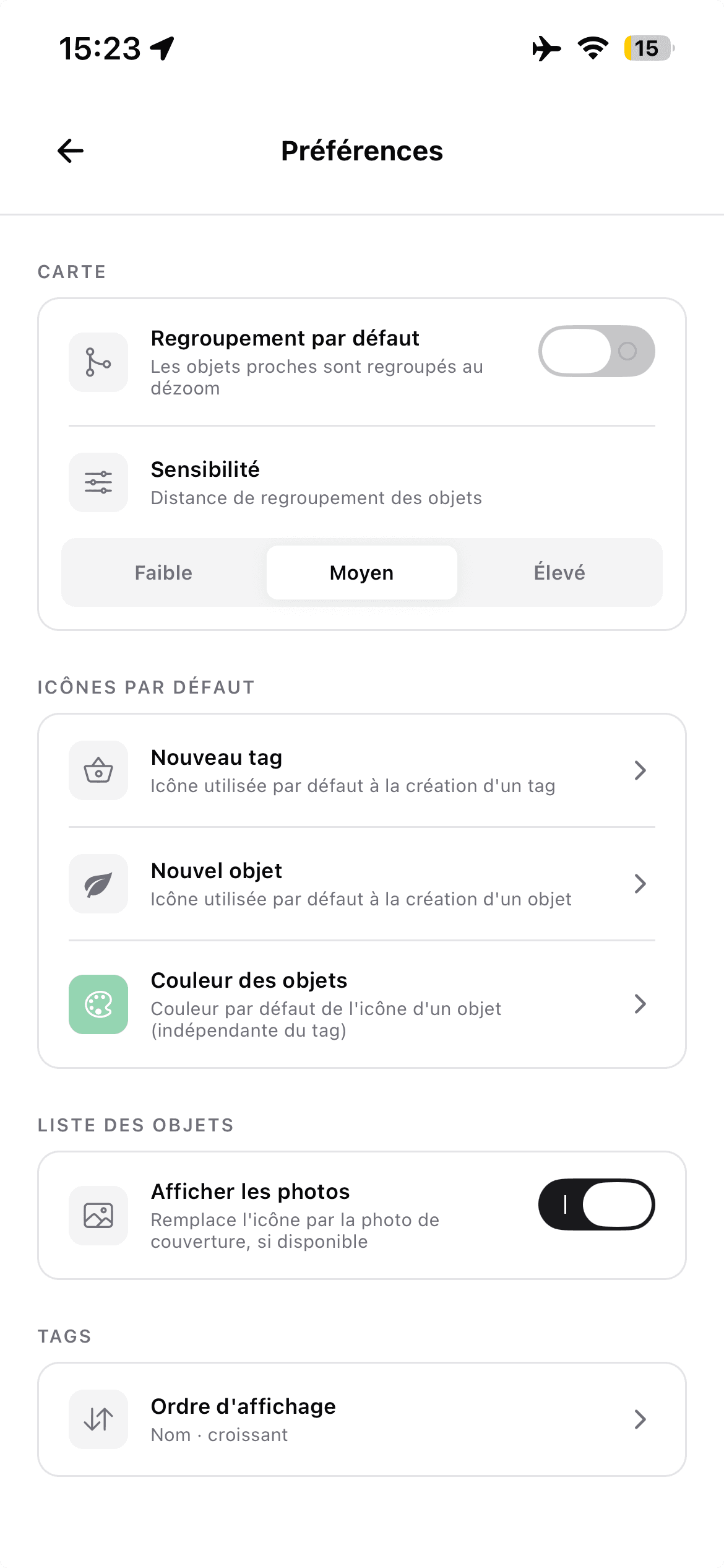 Préférences — configuration de l'affichage et du regroupement
