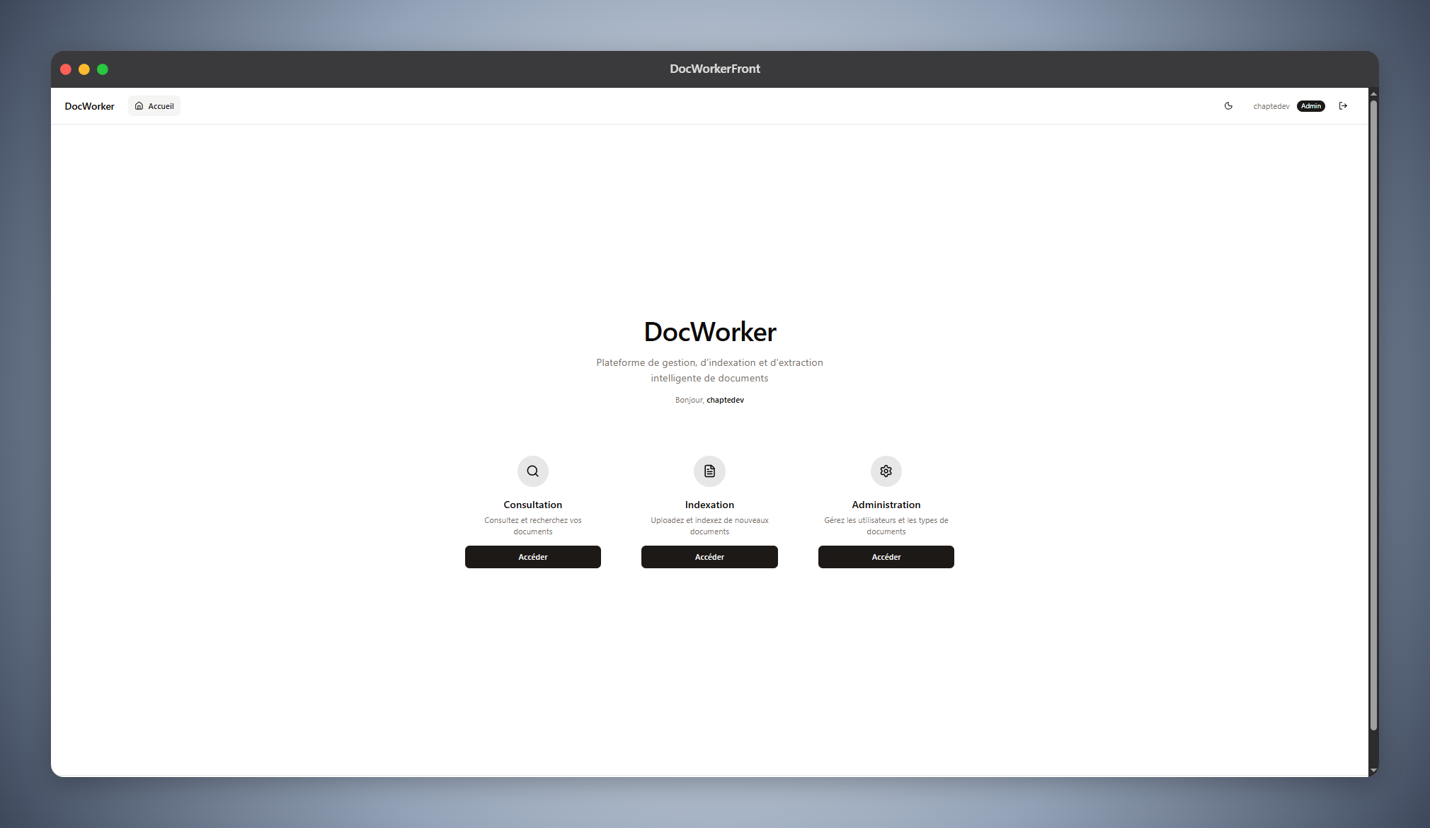 Page d'accueil DocWorker — accès aux modules