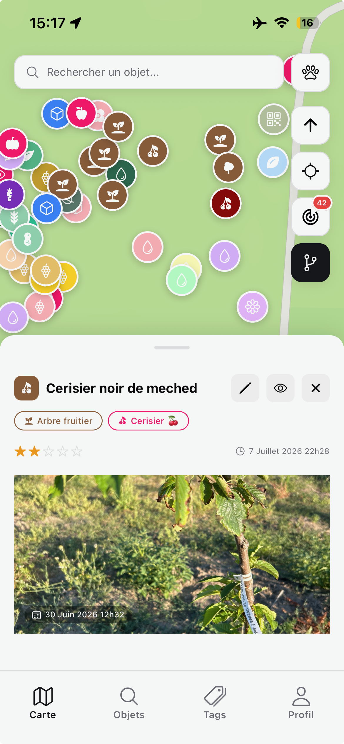 Carte — visualisation des cultures géolocalisées dans le champ